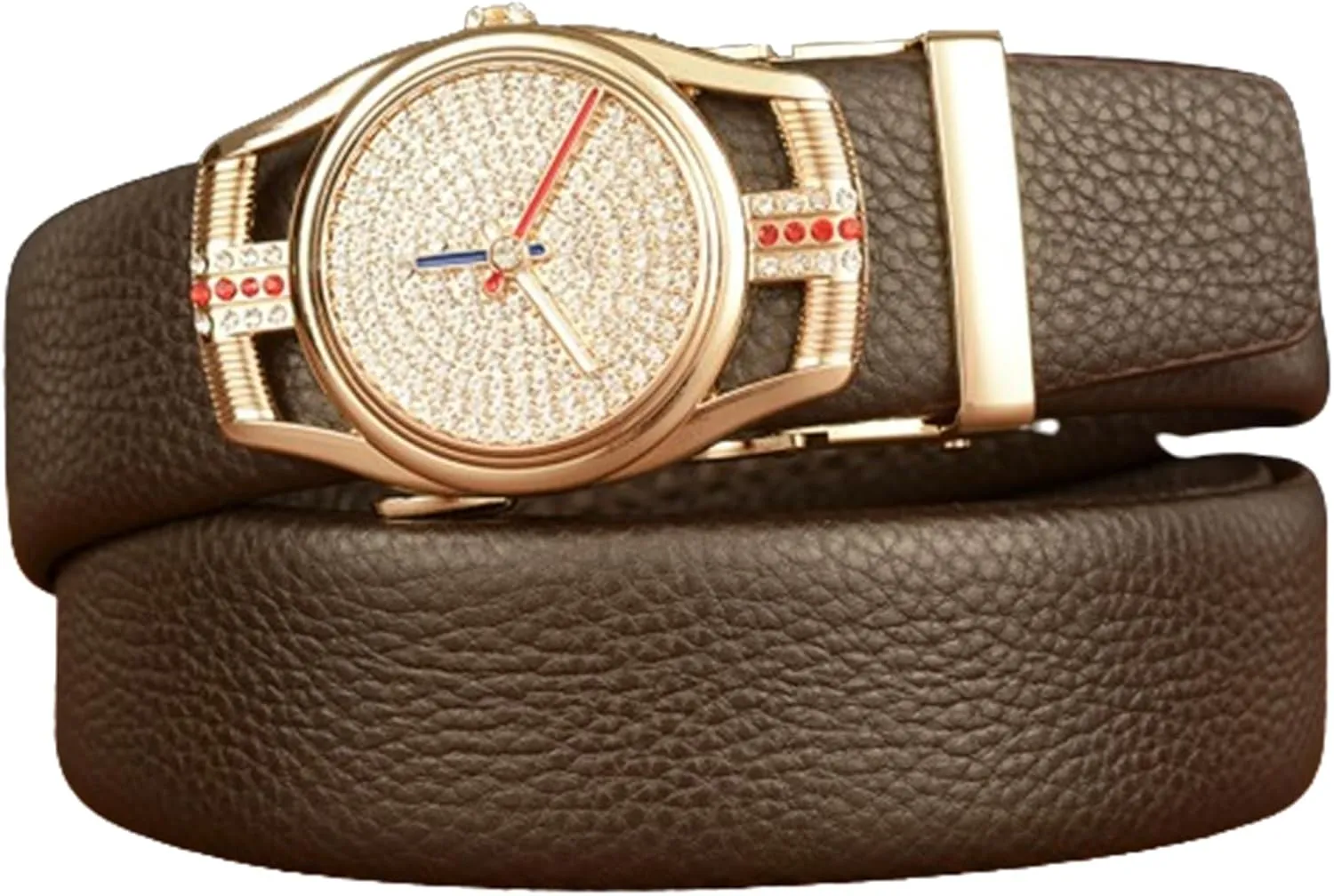 Rhinestone Golden Buckle Men's Embossed Belt With Micro Adjustable Ratchet Strap & motivate receptor innermost street Diamond Watch Bling 