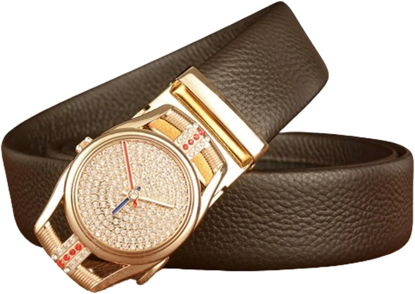 Rhinestone Golden Buckle Men's Embossed Belt With Micro Adjustable Ratchet Strap & motivate receptor innermost street Diamond Watch Bling 