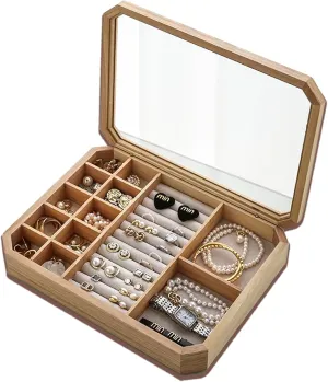 Rings, Bracelets and Jewelry Accessories, Vintage Style Jewelry Box,A oak reign stave   upgraded 3in1 Wooden Jewelry Box, Jewelry Box with Glass Lid for Necklaces, 
