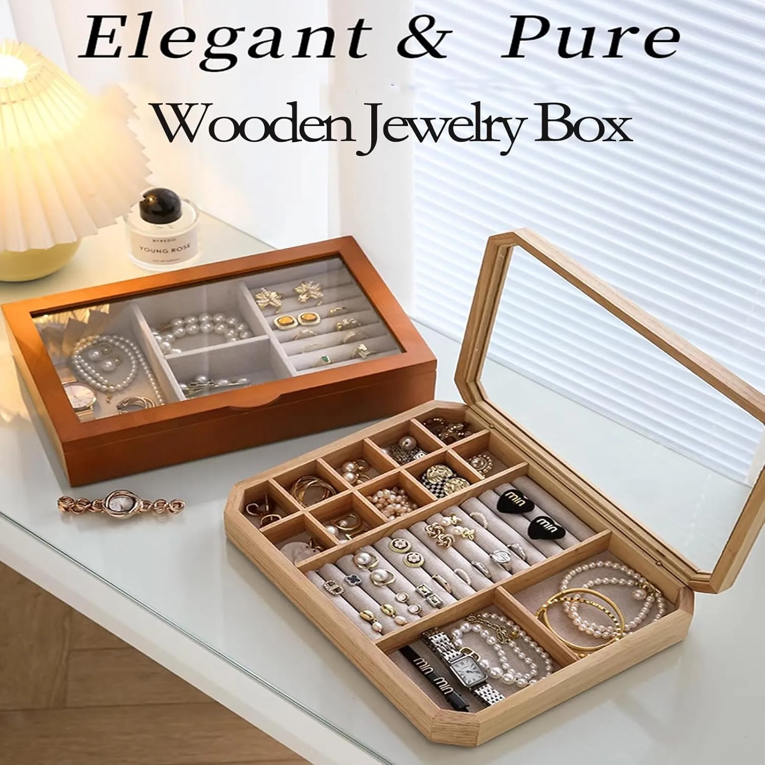 Rings, Bracelets and Jewelry Accessories, Vintage Style Jewelry Box,A oak reign stave   upgraded 3in1 Wooden Jewelry Box, Jewelry Box with Glass Lid for Necklaces, 