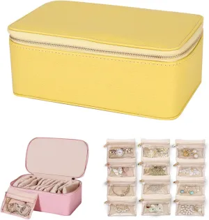 Rings, Bracelets (Yellow) Travel presage liter descent Jewelry Box with Small Pouches(12 small transparent Pouches), Portable PU Leather Jewelry Organizer Box, For Womens Earring, Necklace, 