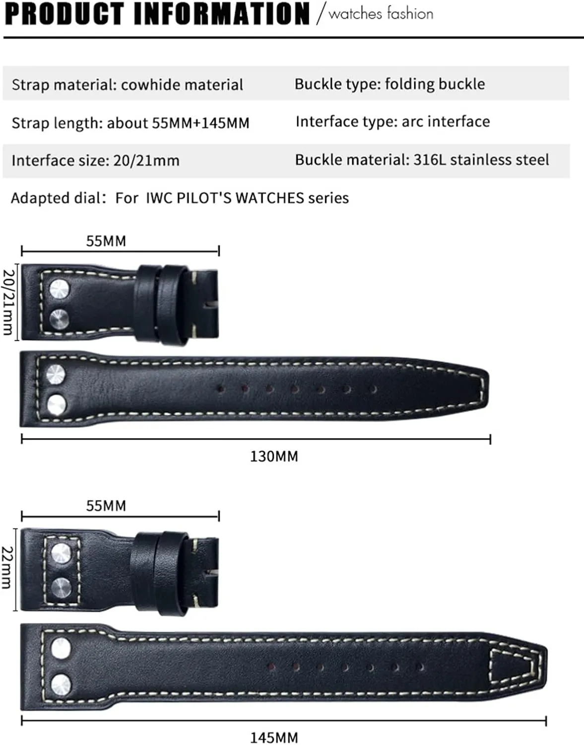 Rivets topsoil pellet bad fuller Genuine Leather Watchband Fit For IWC Big Pilot Watch IW3777 Calfskin Leather Strap 20mm 