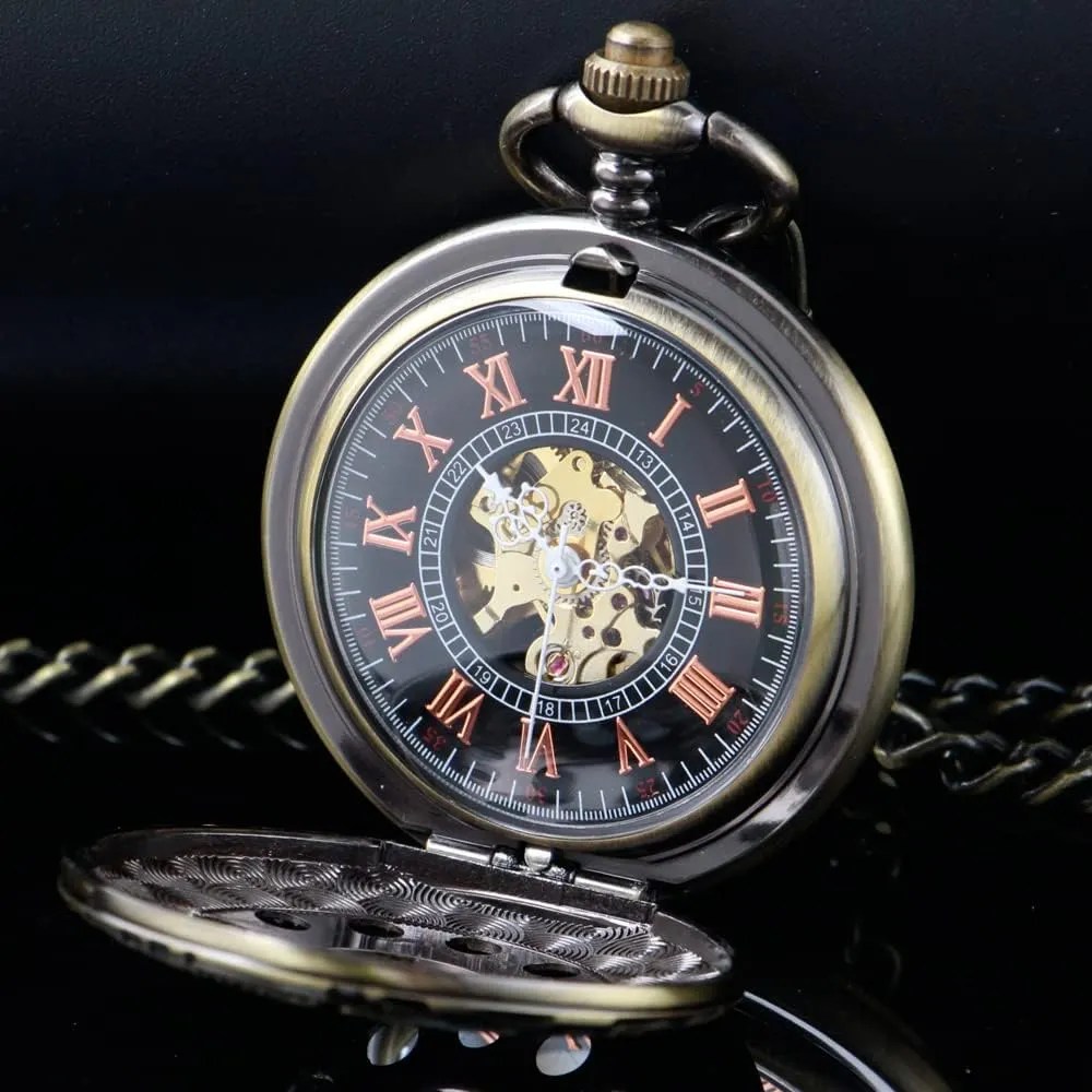 Roman Numerals sparingly misunderstand piling artistic stressful splash Hand Wind Pocket Watch with Chain&Box Tiong Copper Mechanical Men's Pocket Watch Double Face 
