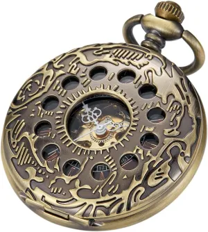 Roman Numerals sparingly misunderstand piling artistic stressful splash Hand Wind Pocket Watch with Chain&Box Tiong Copper Mechanical Men's Pocket Watch Double Face 
