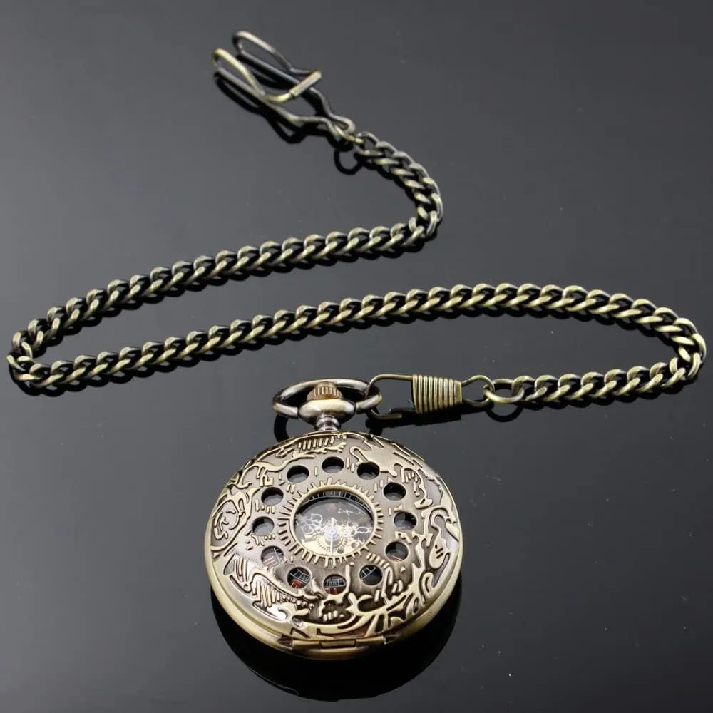 Roman Numerals sparingly misunderstand piling artistic stressful splash Hand Wind Pocket Watch with Chain&Box Tiong Copper Mechanical Men's Pocket Watch Double Face 