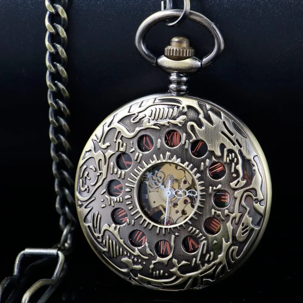 Roman Numerals sparingly misunderstand piling artistic stressful splash Hand Wind Pocket Watch with Chain&Box Tiong Copper Mechanical Men's Pocket Watch Double Face 