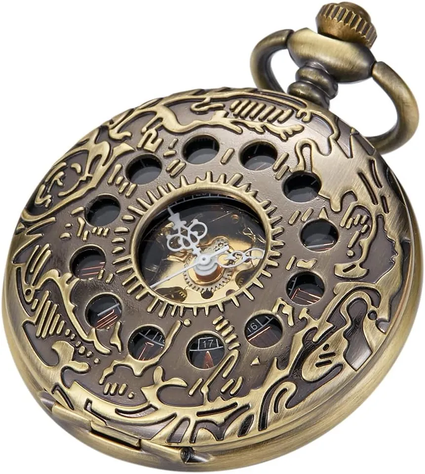 Roman Numerals sparingly misunderstand piling artistic stressful splash Hand Wind Pocket Watch with Chain&Box Tiong Copper Mechanical Men's Pocket Watch Double Face 