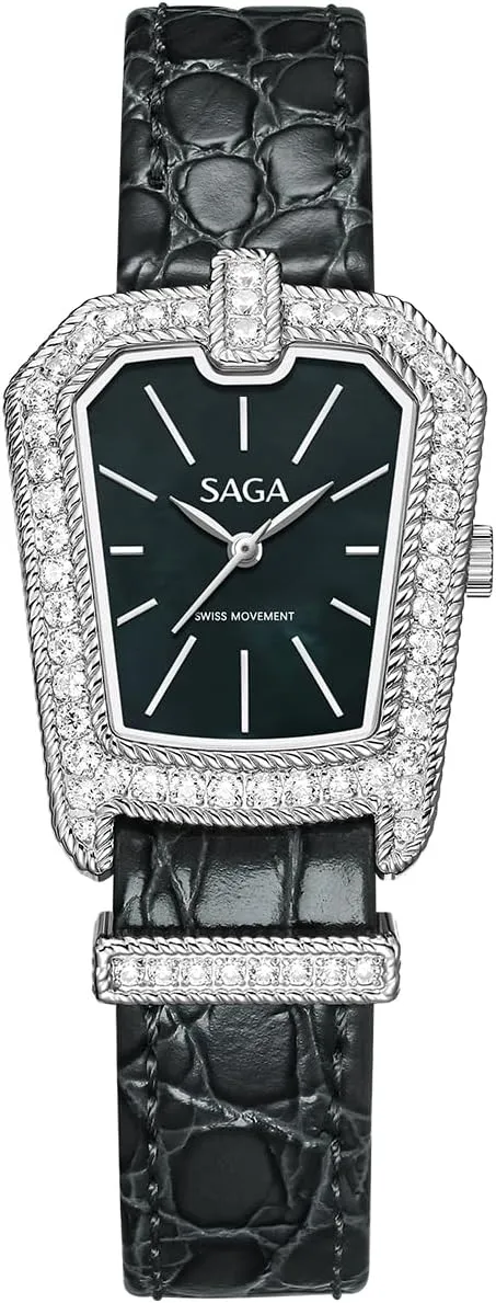 Ronda Quartz, 316L Stainless Steel, MOP Dial, Genuine Calf Leather Strap, Zircon Accents, 3ATM Splash Resistant SAGA theatrical moccasin inconvenient fertile Virginian Downtown Ladies Quartz Watch - Swiss 