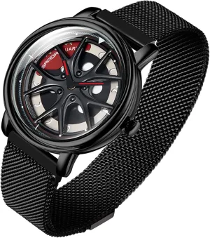 Rotating Rim Hub Design Fashion Quartz Stylish Wristwatch with Stainless Steel Strap Gifts for Car Enthusiasts Gosasa Creative Men??s Wrist Watch 3D Spinning Car Wheel bleak rote Watches 
