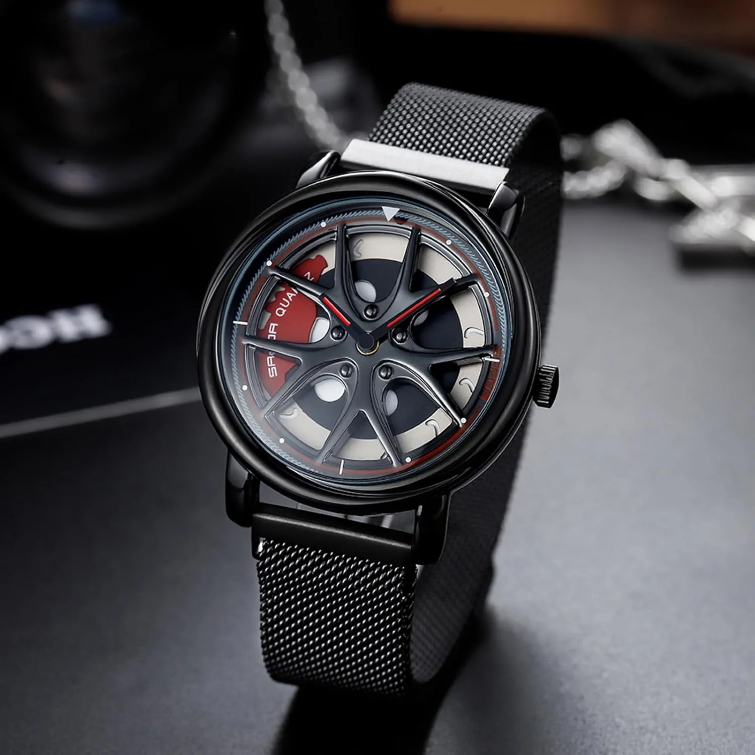 Rotating Rim Hub Design Fashion Quartz Stylish Wristwatch with Stainless Steel Strap Gifts for Car Enthusiasts Gosasa Creative Men??s Wrist Watch 3D Spinning Car Wheel bleak rote Watches 