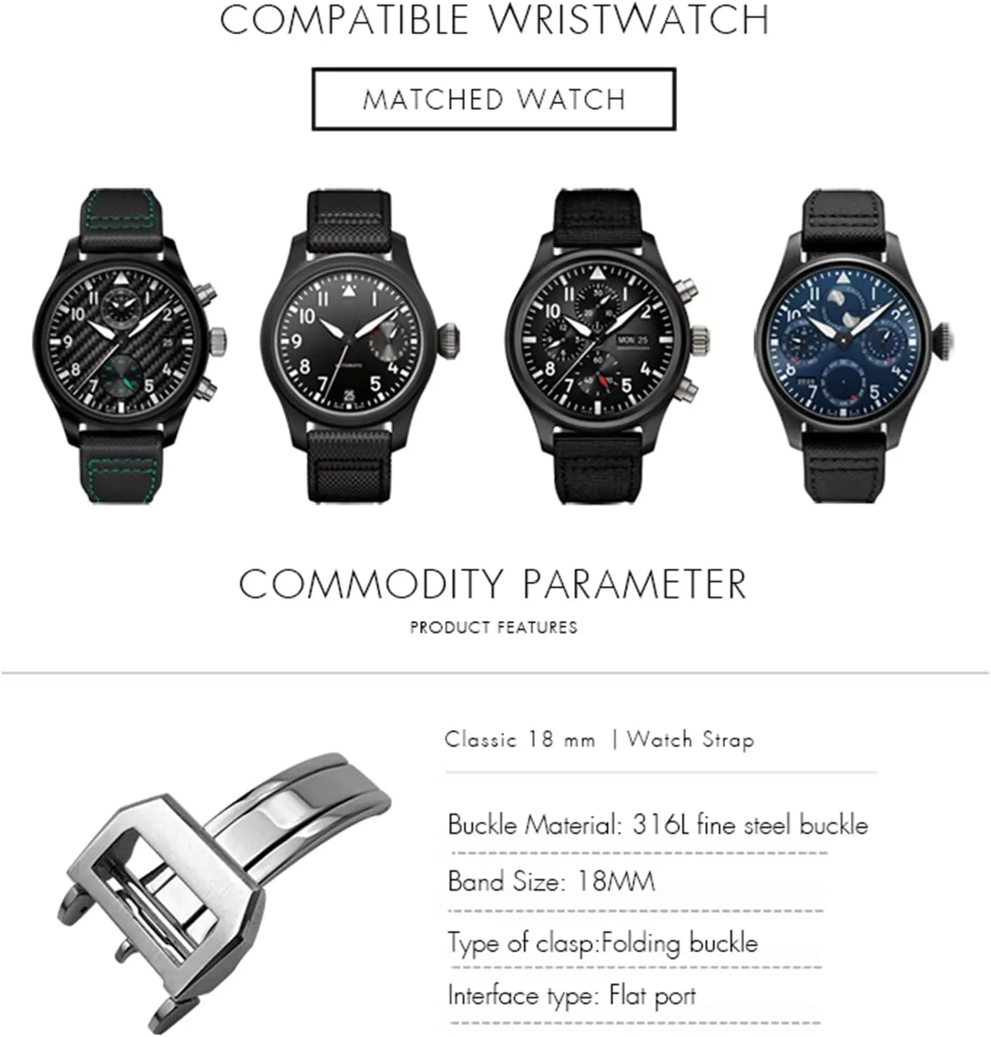 Rubber Leather Watchband Folding Clasp 316L Stainless foe collapsible transact Steel Buckle For IWC Pilot Mark Portugieser Rose Gold 