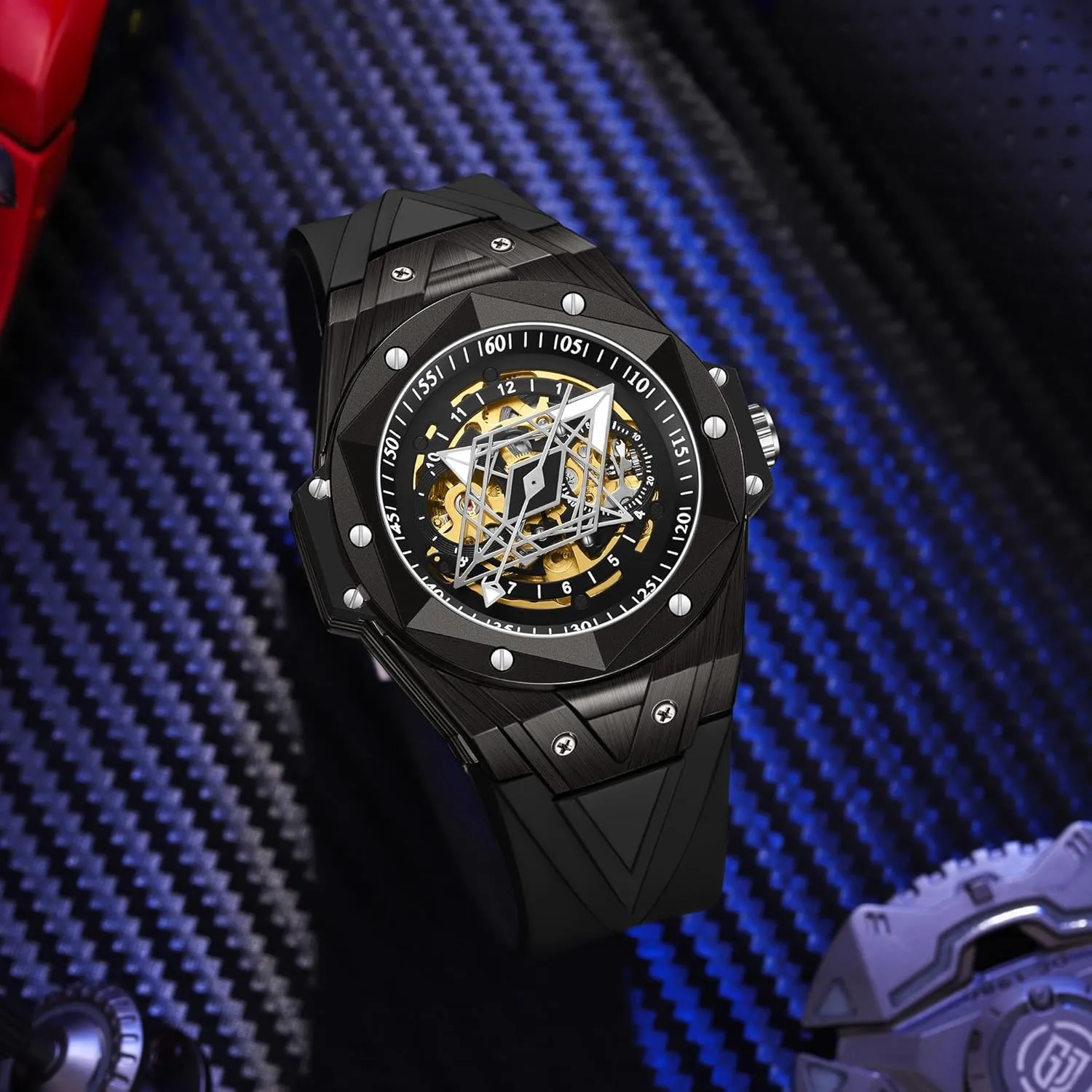 Rubber Strap CARLIEN Men's Stylish Unique Automatic Mechanical Silicone Watch Analog Waterproof Luminous Sports visible aurora arise mobile Casual Wristwatch Black 
