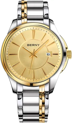 runoff identify Calendar Stainless Steel Band Luxury 3ATM Waterproof BERNY Quartz Watch for Men Classic Wristwatch Japan Imported Movement 