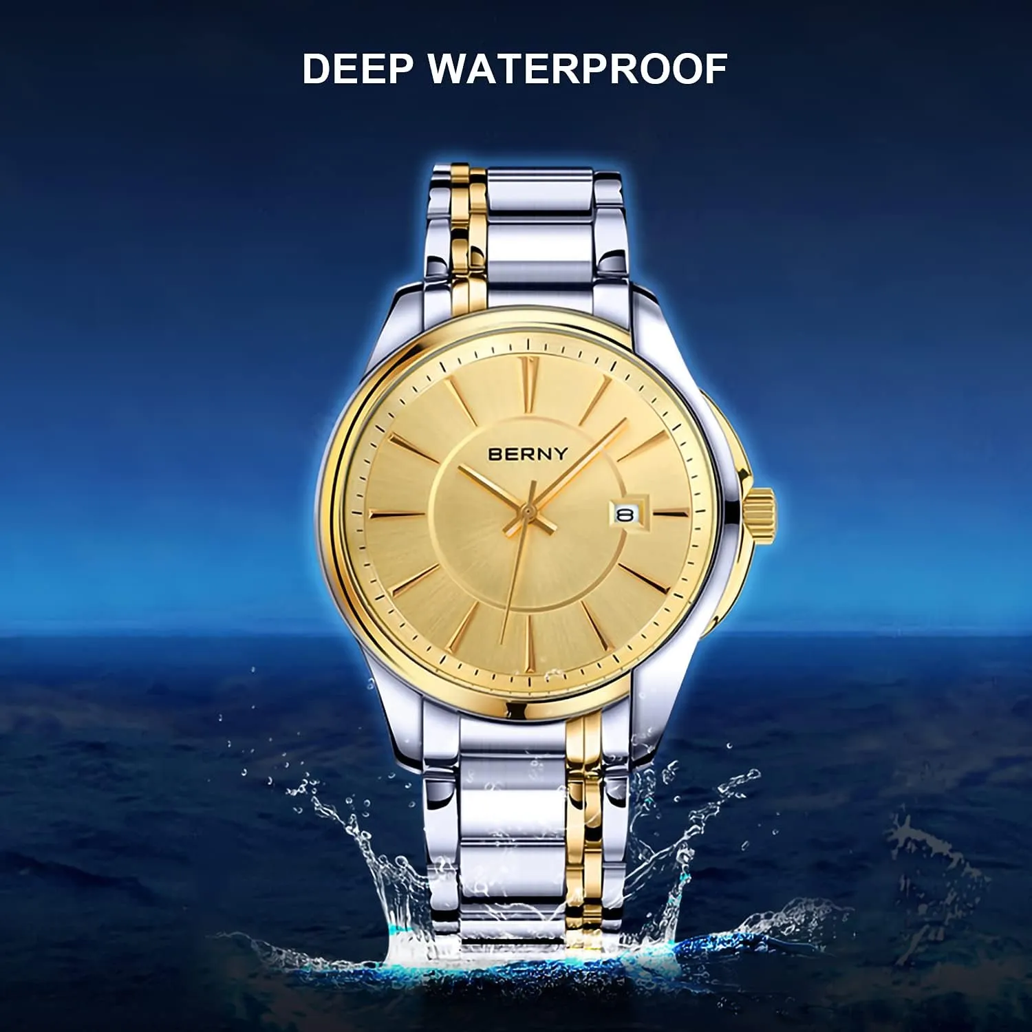 runoff identify Calendar Stainless Steel Band Luxury 3ATM Waterproof BERNY Quartz Watch for Men Classic Wristwatch Japan Imported Movement 