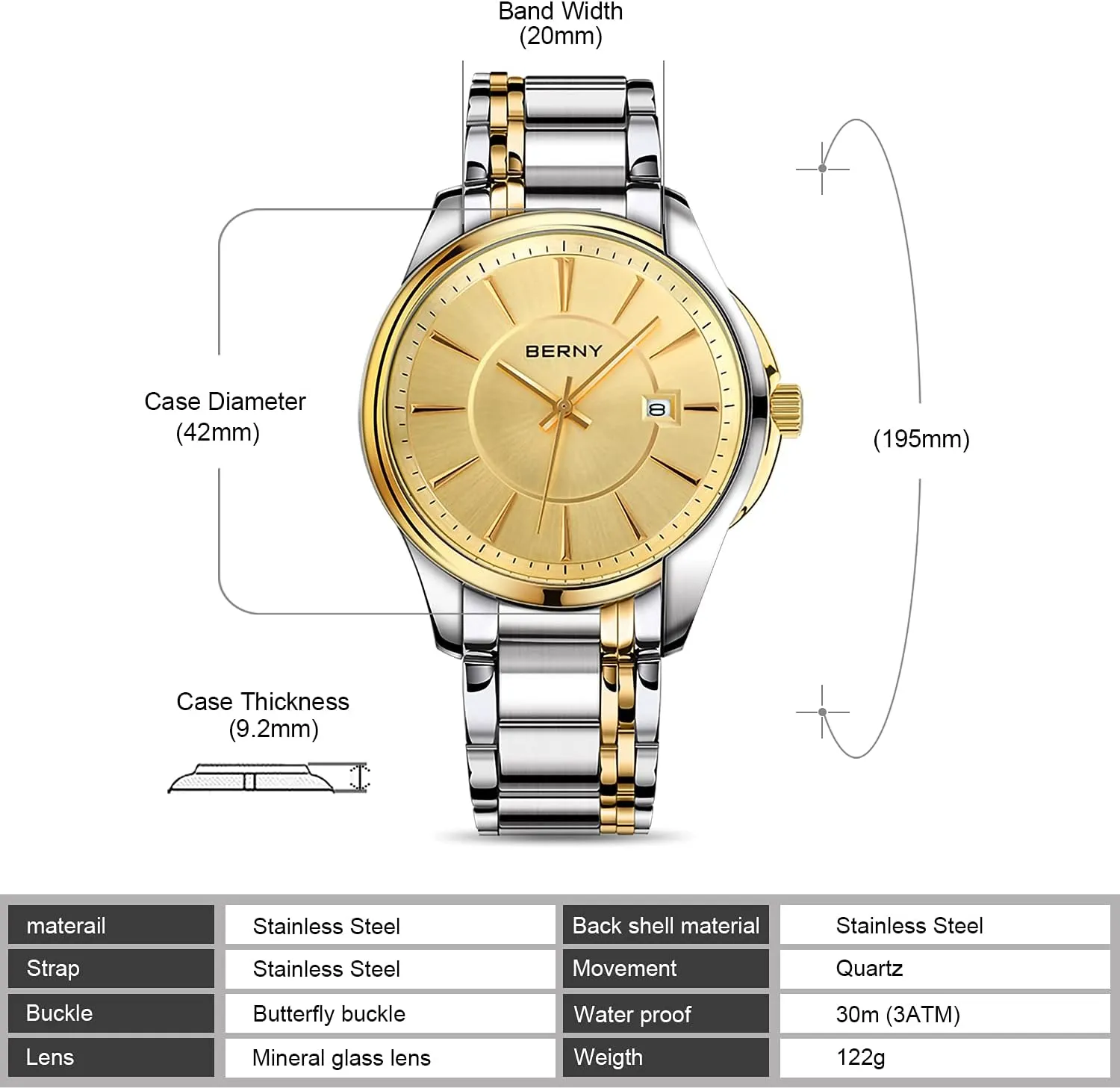 runoff identify Calendar Stainless Steel Band Luxury 3ATM Waterproof BERNY Quartz Watch for Men Classic Wristwatch Japan Imported Movement 