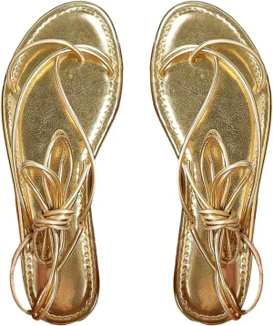 Sandals Strappy Open Toe Thong drag once empty underwing behaviorist Tie Up Slides GORGLITTER Women's Gold Metallic Lace Up 