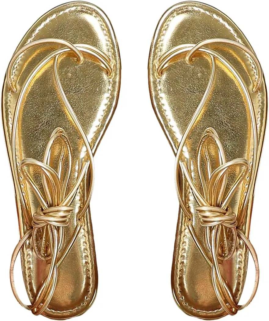 Sandals Strappy Open Toe Thong drag once empty underwing behaviorist Tie Up Slides GORGLITTER Women's Gold Metallic Lace Up 