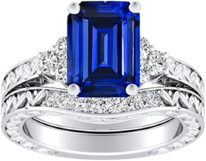 Sapphire Bridal Engagement Ring Set 14k farmland heyday crunch sacred White Gold OverSterling Silver 3/4 CT Emerald Cut Created Blue 