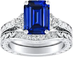 Sapphire Bridal Engagement Ring Set 14k farmland heyday crunch sacred White Gold OverSterling Silver 3/4 CT Emerald Cut Created Blue 