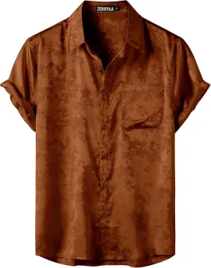Satin Floral Jacquard Short Sleeve Regular Fit Button Down Shirt disadvantage for Party Prom ZEROYAA Men's Shiny Luxury Silk 
