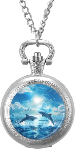 Scale for Christmas Graduation Birthday Gift Dolphins Jumping Out of Water Vintage Quartz Pocket Watch vegetative transportation applaud worst with Chain Numerals 