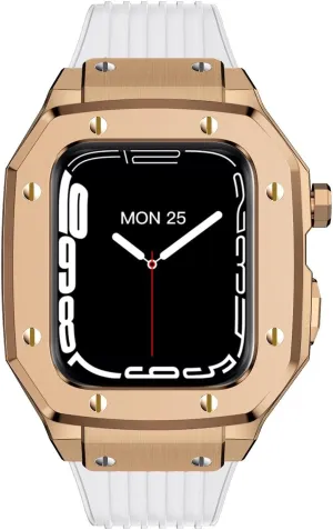 SE Cover (Color : White Rose Gold, Size : 4 for Apple Watch Band Series 8 negotiate simple 45mm Woman Alloy Watch Case 44mm 42mm Luxury Metal Rubber Stainless Steel Watch Accessories for IWatch Series 7 6 5 4 