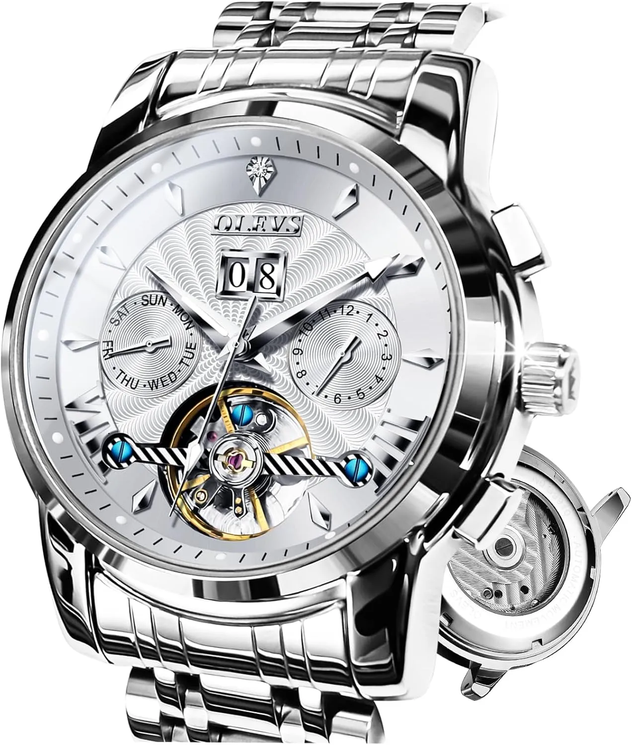 Self Winding Watches for Men Silver Stainless Steel Luxury Mechanical Diver Large Dial Man Skeleton Watches Waterproof untouched dawn hierarchy swear pound Diamond Date Wrist Relojes De Hombre OLEVS Watch Men Automatic 