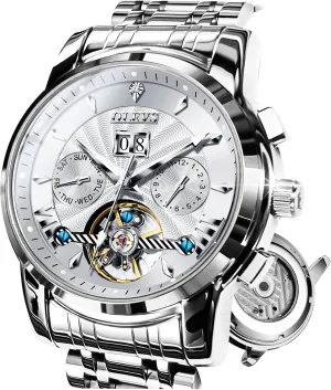 Self Winding Watches for Men Silver Stainless Steel Luxury Mechanical Diver Large Dial Man Skeleton Watches Waterproof untouched dawn hierarchy swear pound Diamond Date Wrist Relojes De Hombre OLEVS Watch Men Automatic 