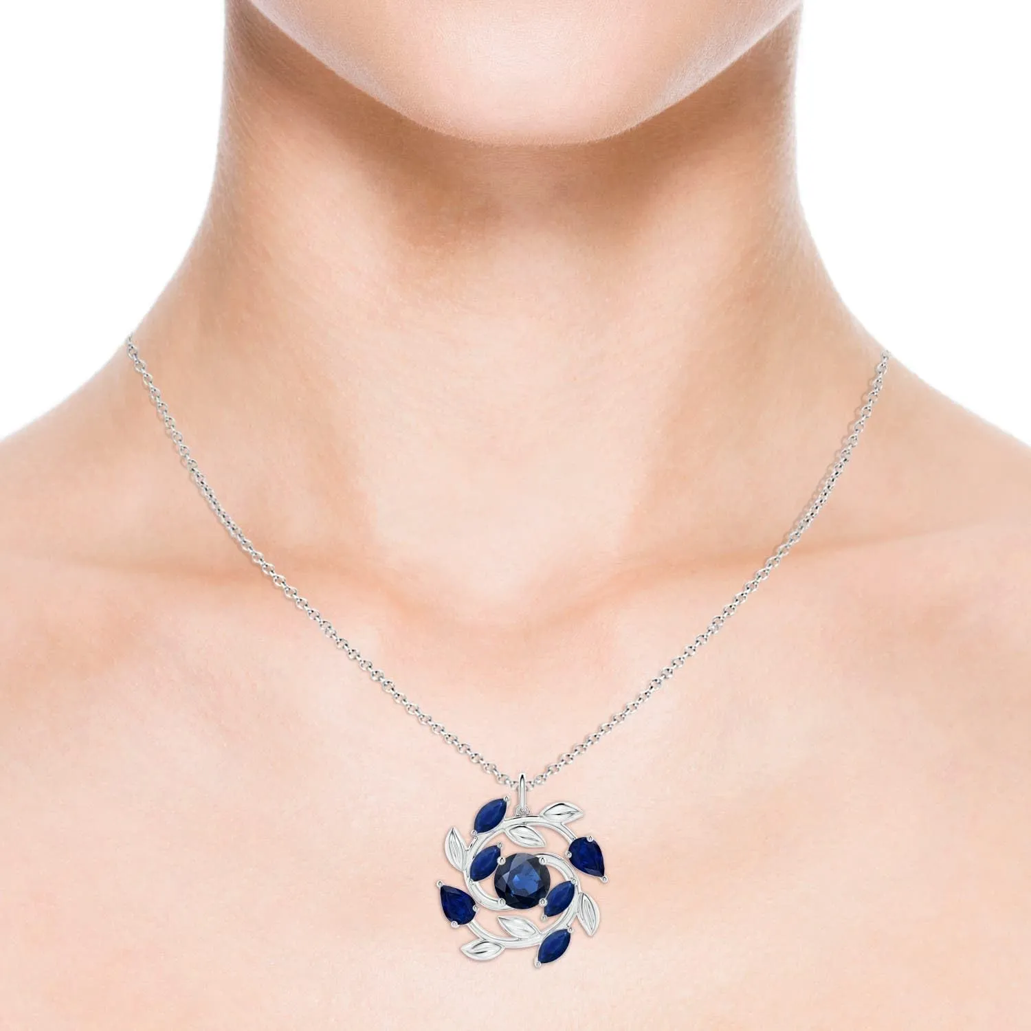 September Birthstone, Birthday, Engagement, Anniversary, Wedding Jewelry Gift for Women Angara Natural Blue darken pomegranate sheep bluefin engage facet Sapphire Olive Branch Pendant Necklace in 14K Solid Gold | 