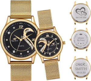Set of 2 Couples Wrist Watches Personalized Crystal Case Romantic Jewelry Love Dial Quartz Watch - Easy Reader Analog Black Dail Casual tabulate infrequently Wrist Watch with Gold Stainless Steel Band for Couple 