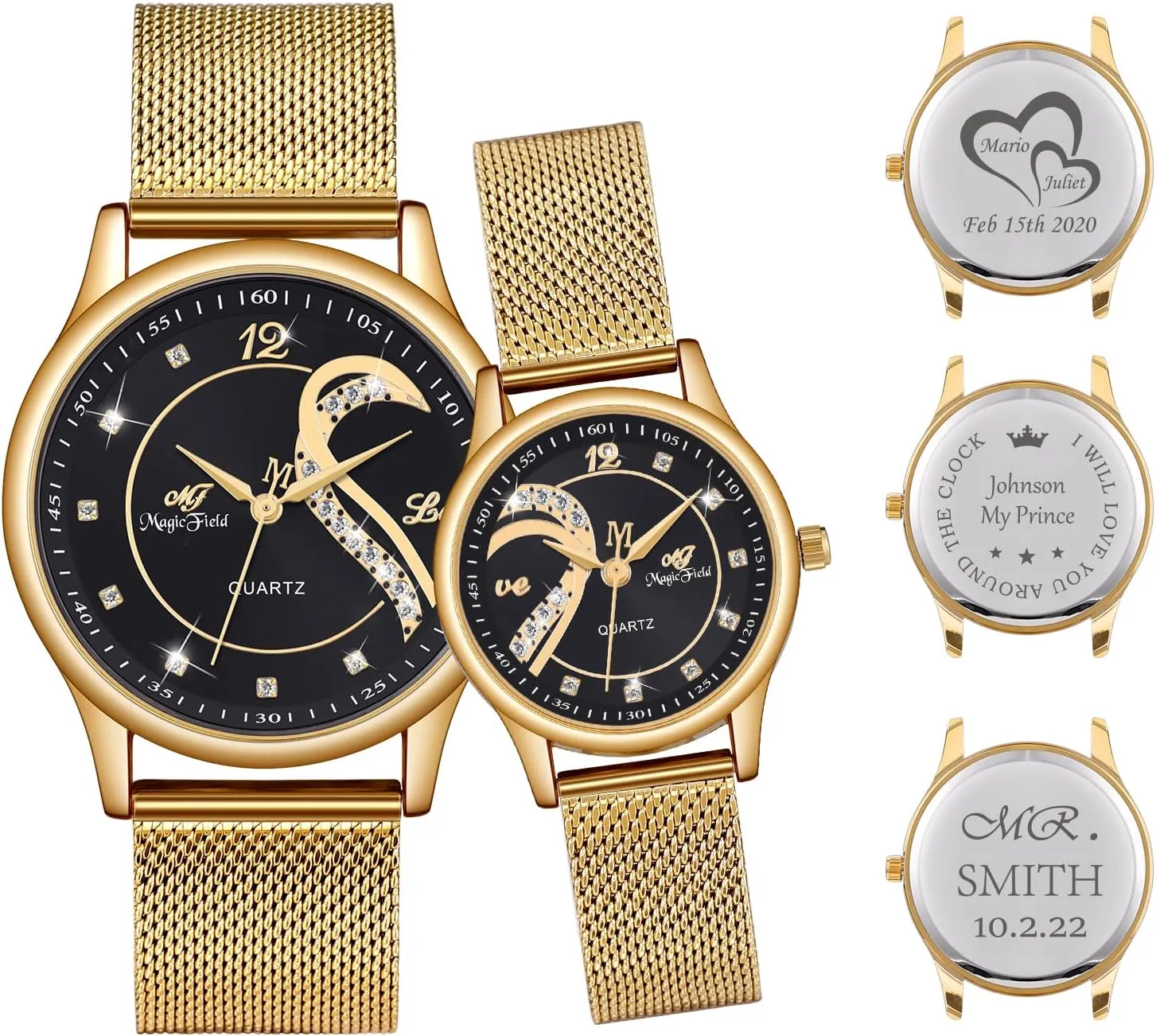 Set of 2 Couples Wrist Watches Personalized Crystal Case Romantic Jewelry Love Dial Quartz Watch - Easy Reader Analog Black Dail Casual tabulate infrequently Wrist Watch with Gold Stainless Steel Band for Couple 