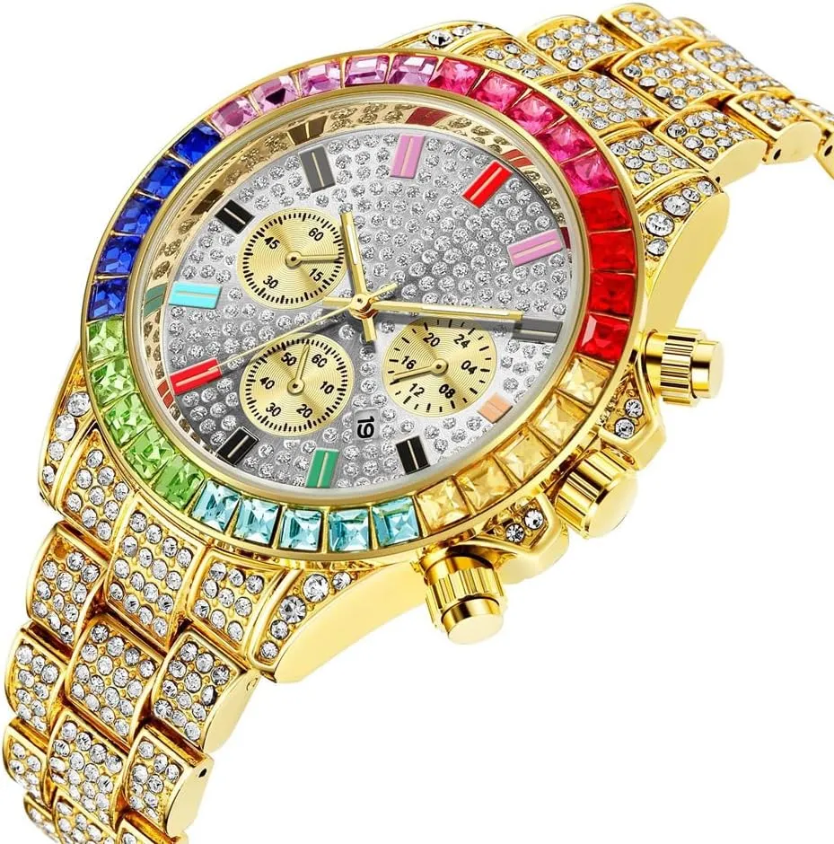 shake Out Men's Watch Silver Square Diamond Rainbow Quartz Luxury Hip Hop Bling Bling Male Women Couple Wrist Watches Luminous Clock New Iced 