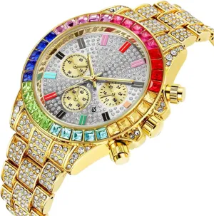 shake Out Men's Watch Silver Square Diamond Rainbow Quartz Luxury Hip Hop Bling Bling Male Women Couple Wrist Watches Luminous Clock New Iced 