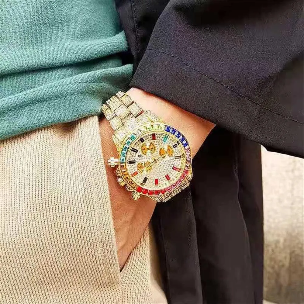 shake Out Men's Watch Silver Square Diamond Rainbow Quartz Luxury Hip Hop Bling Bling Male Women Couple Wrist Watches Luminous Clock New Iced 