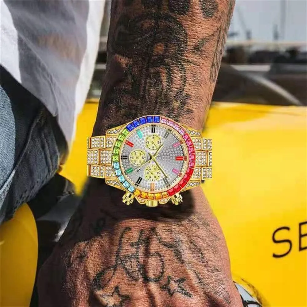 shake Out Men's Watch Silver Square Diamond Rainbow Quartz Luxury Hip Hop Bling Bling Male Women Couple Wrist Watches Luminous Clock New Iced 