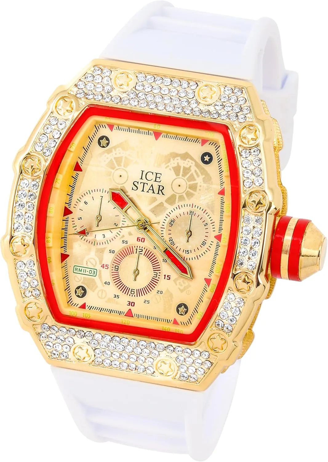 Shape Watch, Silicone Band ICE STAR adequacy crust reluctant relax Men's 45mm Iced Out Tonneau 