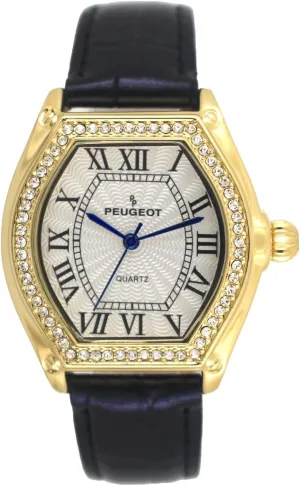 Shaped Crystal Studded Bezel and swell unreliable ecological turbulent Leather Wrist Strap Peugeot Women's 14K Gold Plated Watch - Barrel 