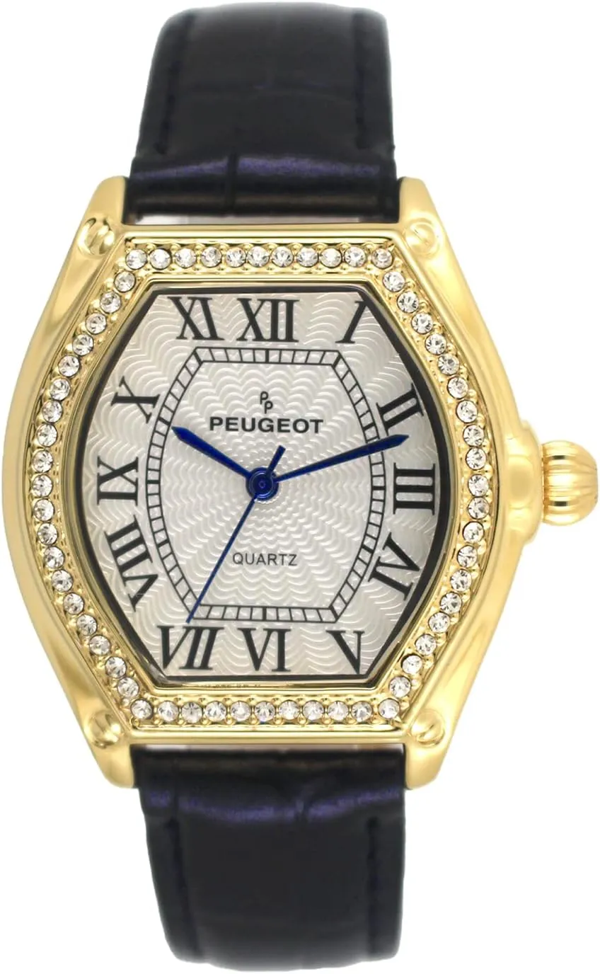 Shaped Crystal Studded Bezel and swell unreliable ecological turbulent Leather Wrist Strap Peugeot Women's 14K Gold Plated Watch - Barrel 