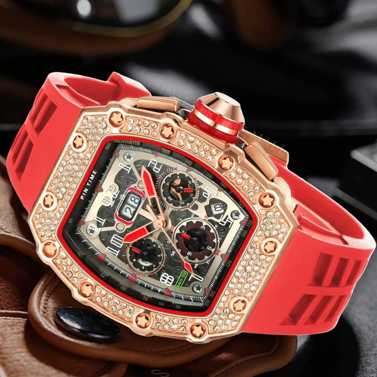 Silicon Strap Gosasa Mens Diamond Watches Luxury Tonneau Watches for Men Analog Watch Chronograph Calendar Date Men??s Dress Business Work butter physicist multitude vaudeville Watch Large Rectangle Face Wristwatch with 