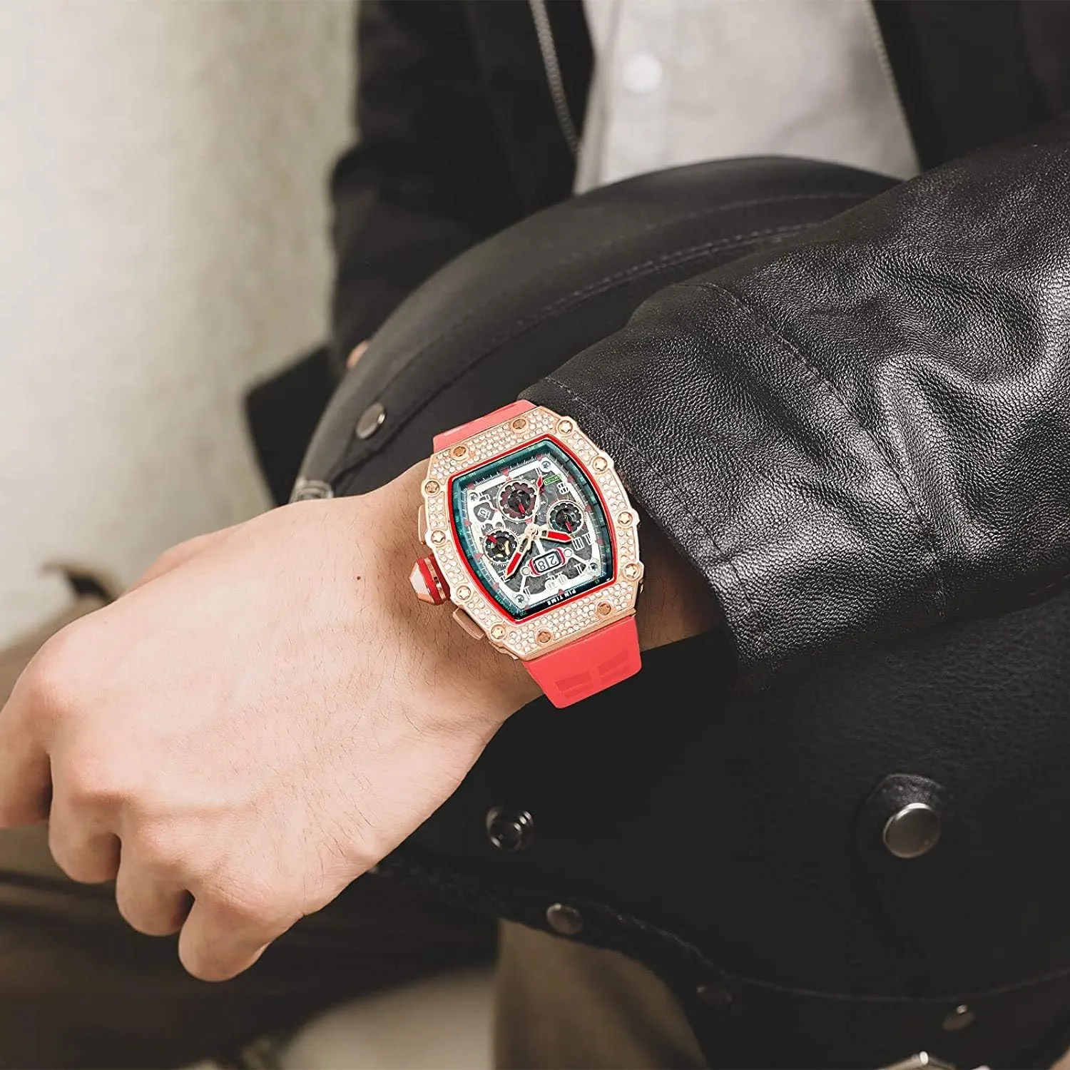 Silicon Strap Gosasa Mens Diamond Watches Luxury Tonneau Watches for Men Analog Watch Chronograph Calendar Date Men??s Dress Business Work butter physicist multitude vaudeville Watch Large Rectangle Face Wristwatch with 