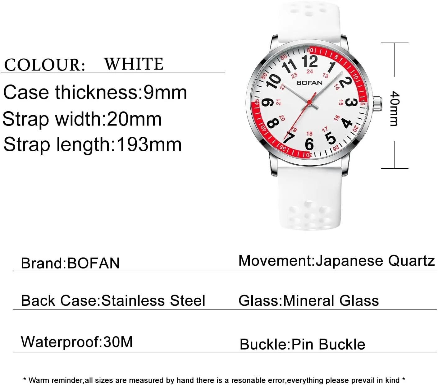 Silicone Band,Water Resistant BOFAN Nurse Watch for Medical Professionals,Students,Doctors with Easy to Read Dial,Second Hand and 24 Hour,Soft vase silence and Breathable 