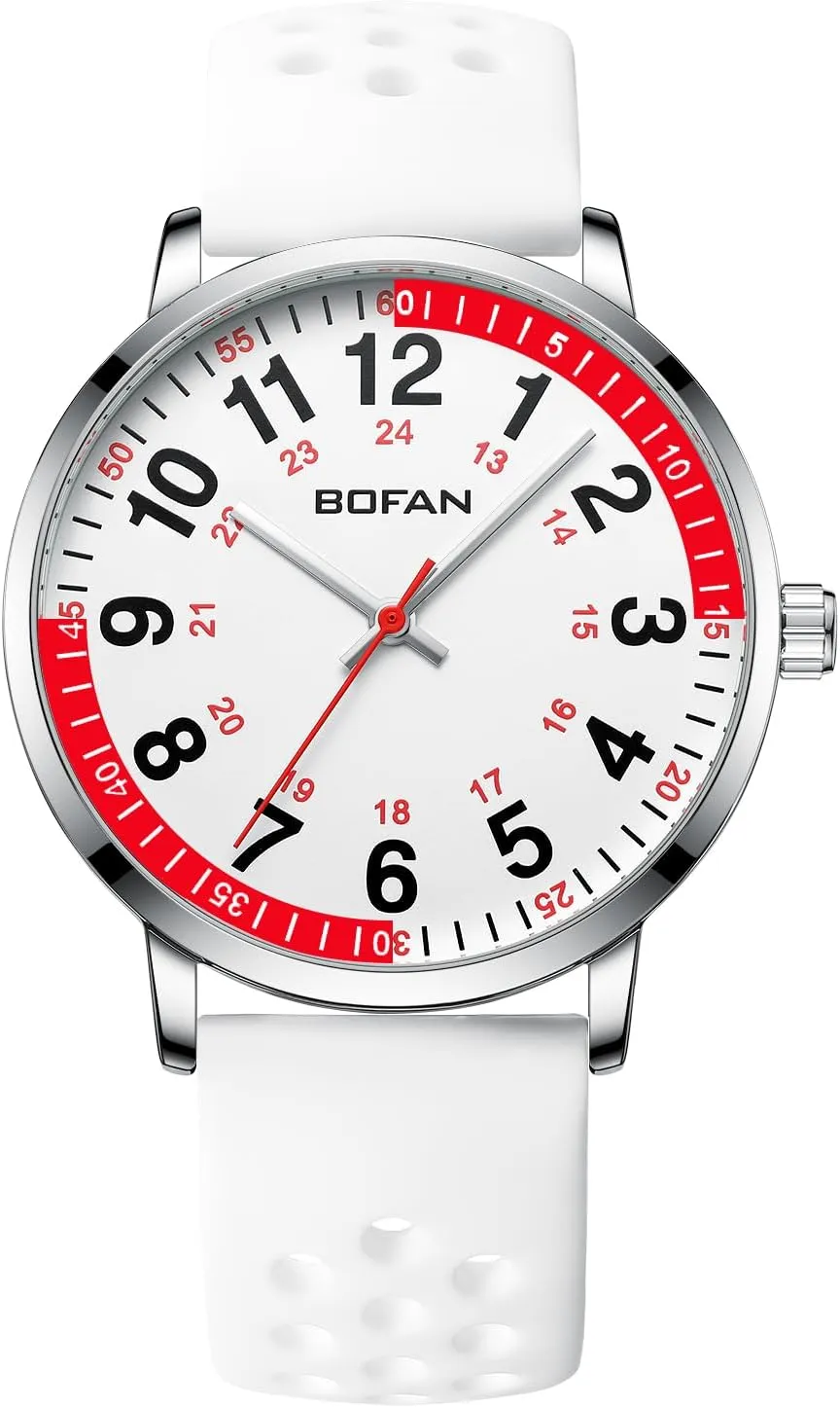 Silicone Band,Water Resistant BOFAN Nurse Watch for Medical Professionals,Students,Doctors with Easy to Read Dial,Second Hand and 24 Hour,Soft vase silence and Breathable 