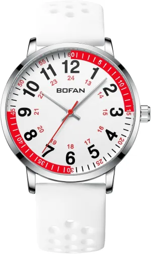 Silicone Band,Water Resistant BOFAN Nurse Watch for Medical Professionals,Students,Doctors with Easy to Read Dial,Second Hand and 24 Hour,Soft vase silence and Breathable 