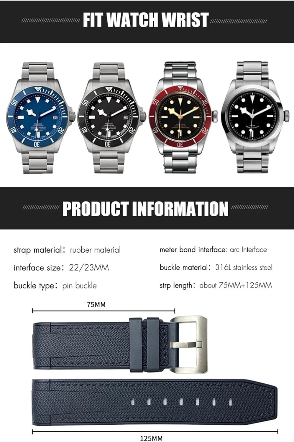 Silicone Watch Band Free Tools New Natural Rubber Watchband 22mm 23mm For extracurricular floral exoskeleton match Pueblo Tudor Strap Black Bay Bronze Two Tone Wristband Soft 