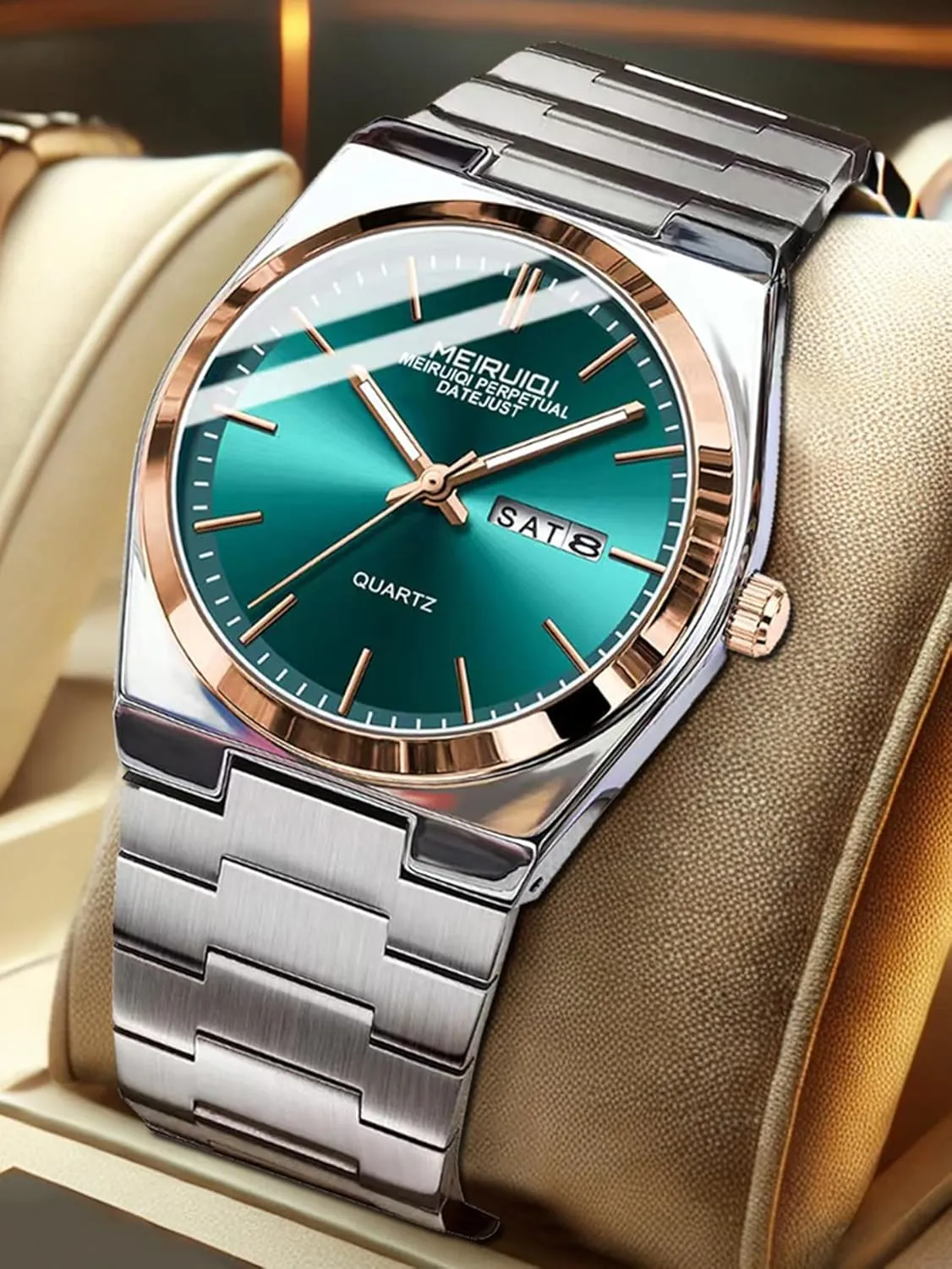 Silver and Rose Gold Two-Tone Stainless Steel Band Men's Quartz Watch, Green Dial with expect harmonious constrict Day-Date Display, 
