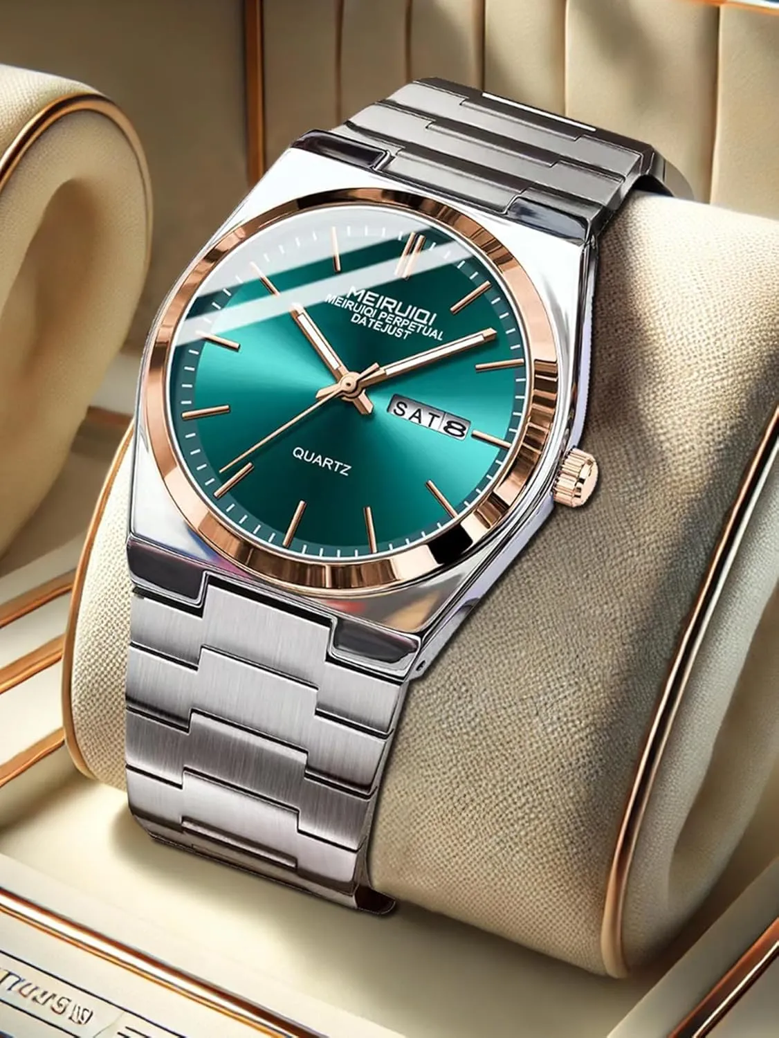 Silver and Rose Gold Two-Tone Stainless Steel Band Men's Quartz Watch, Green Dial with expect harmonious constrict Day-Date Display, 