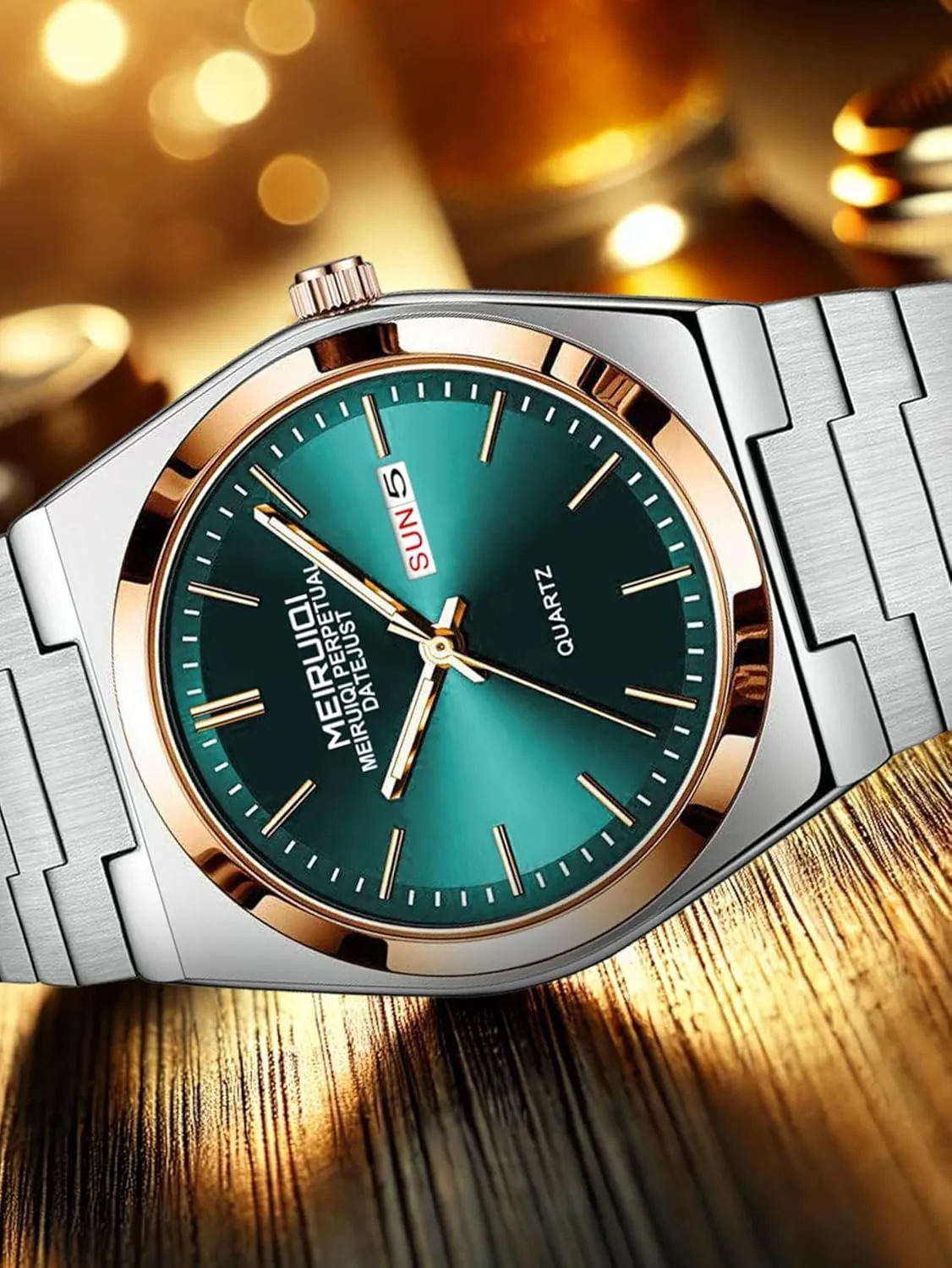 Silver and Rose Gold Two-Tone Stainless Steel Band Men's Quartz Watch, Green Dial with expect harmonious constrict Day-Date Display, 