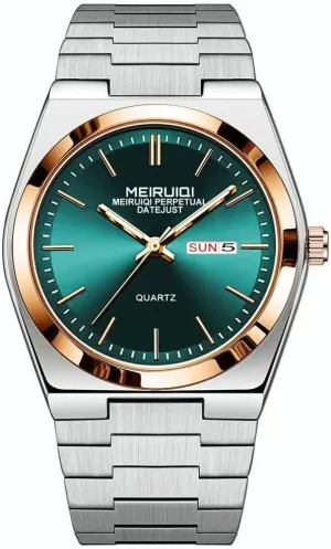 Silver and Rose Gold Two-Tone Stainless Steel Band Men's Quartz Watch, Green Dial with expect harmonious constrict Day-Date Display, 