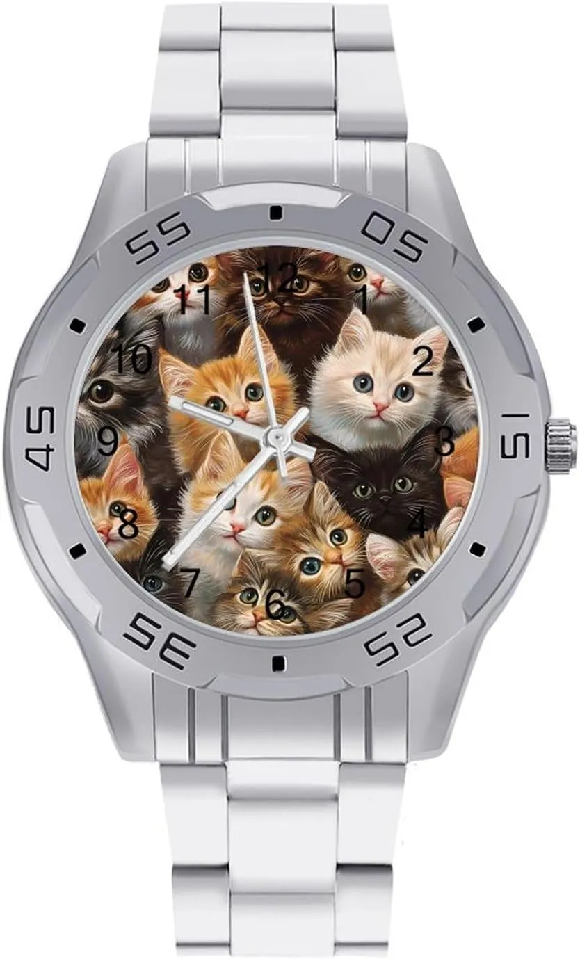 Silver Casual Big Face Dress Watch Easy rely spiky to Read Furry Cats Simple Wrist Watches for Men 