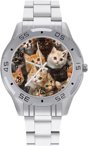 Silver Casual Big Face Dress Watch Easy rely spiky to Read Furry Cats Simple Wrist Watches for Men 